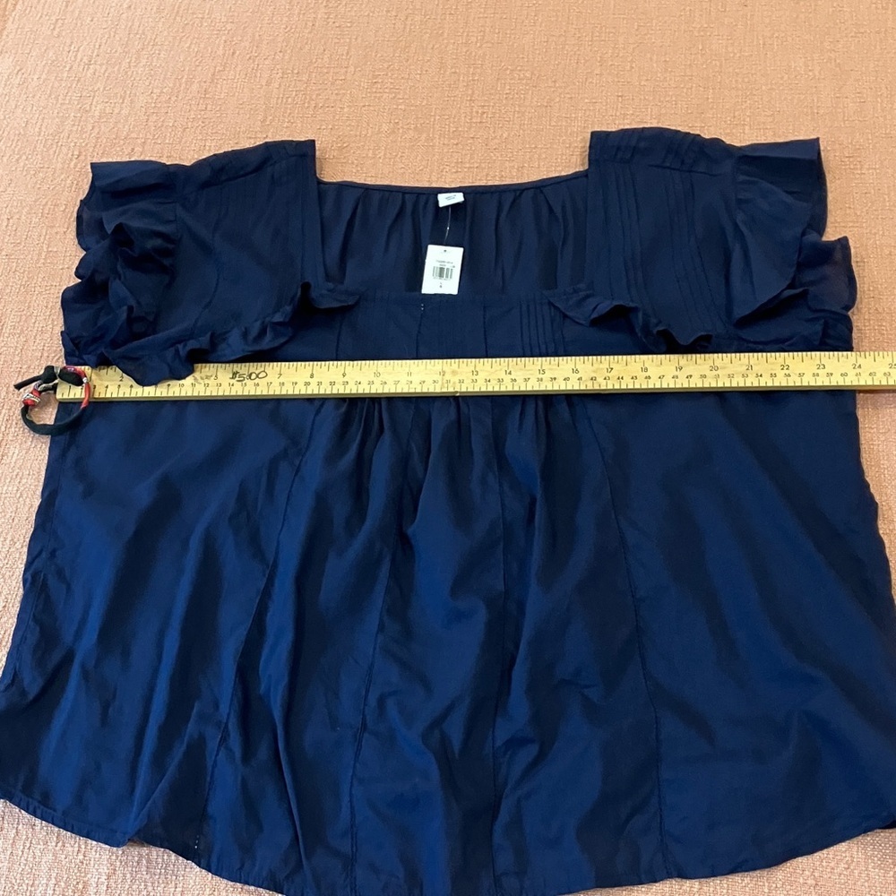 Modal / cotton Wm’s large crochet and ruffle Navy Blue short Sleeve Blouse - Picture 7 of 15